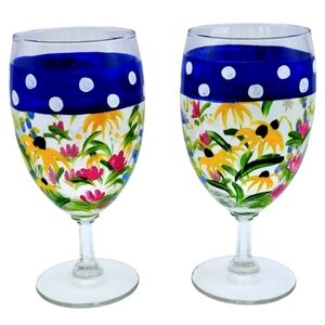Hand Painted Floral 14 Ounce Goblet Set Of 2